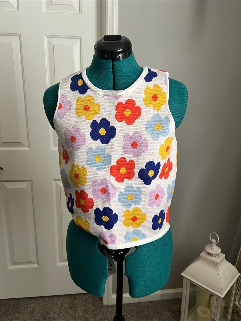 White Floral Knit Tank Top with Multicolor Blooms